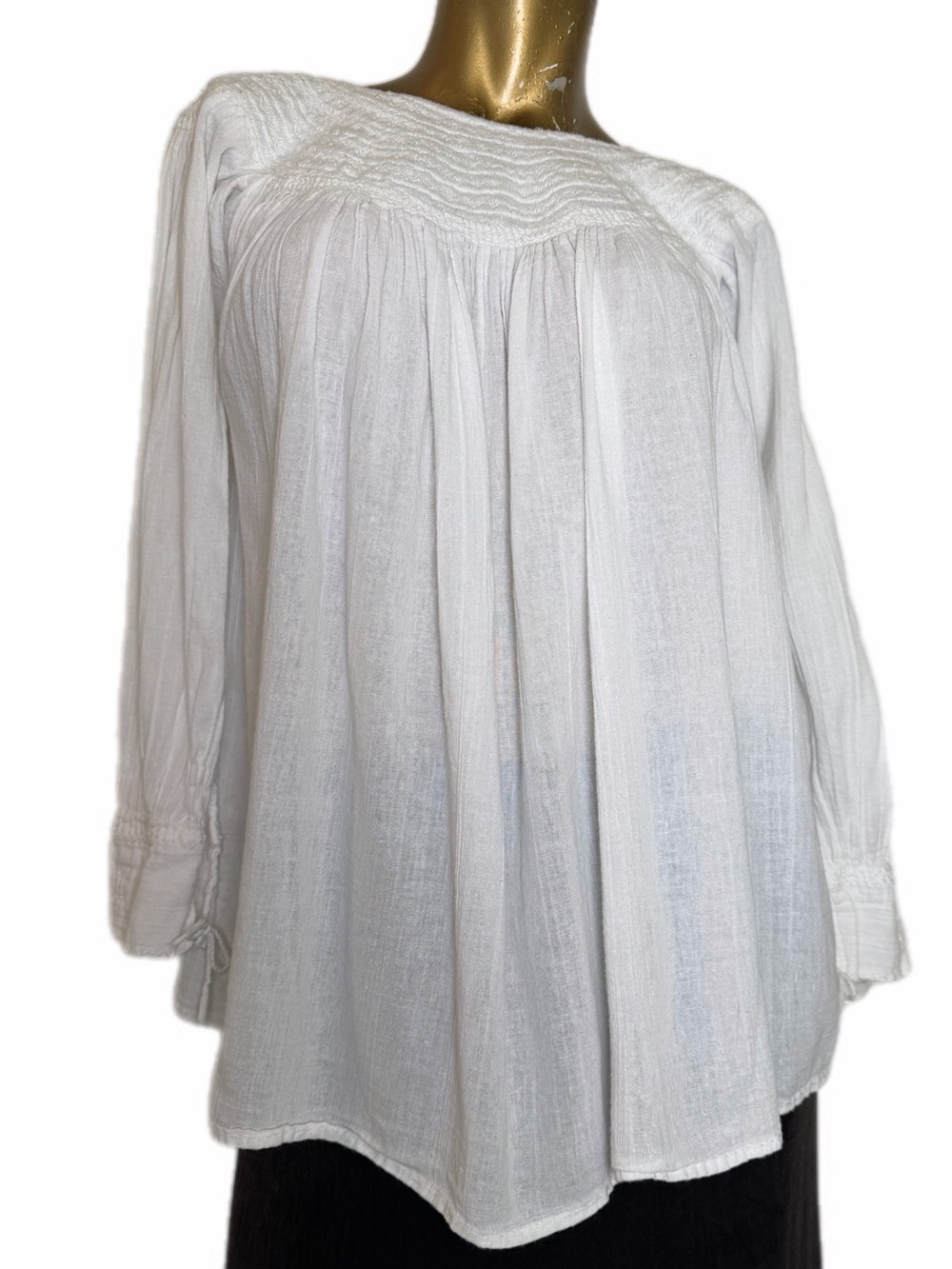 Vintage White Cotton Gauze Smocked Peasant Blouse Top Women’s approx 34” bust